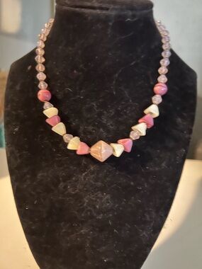 Vintage glass beaded 15” long pink and cream geometric glass uranium possibly